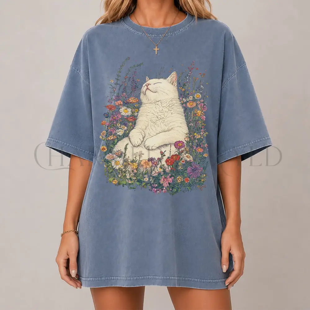 Sleeping Cat Flower T-shirt - Blue Jean / S - T-Shirt