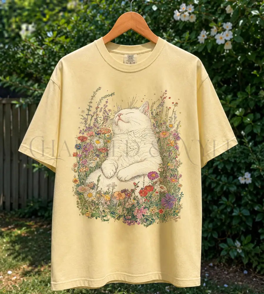 Sleeping Cat Flower T-shirt - Butter / S - T-Shirt