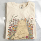 Sleeping Cat Flower T-shirt - Ivory / S - T-Shirt