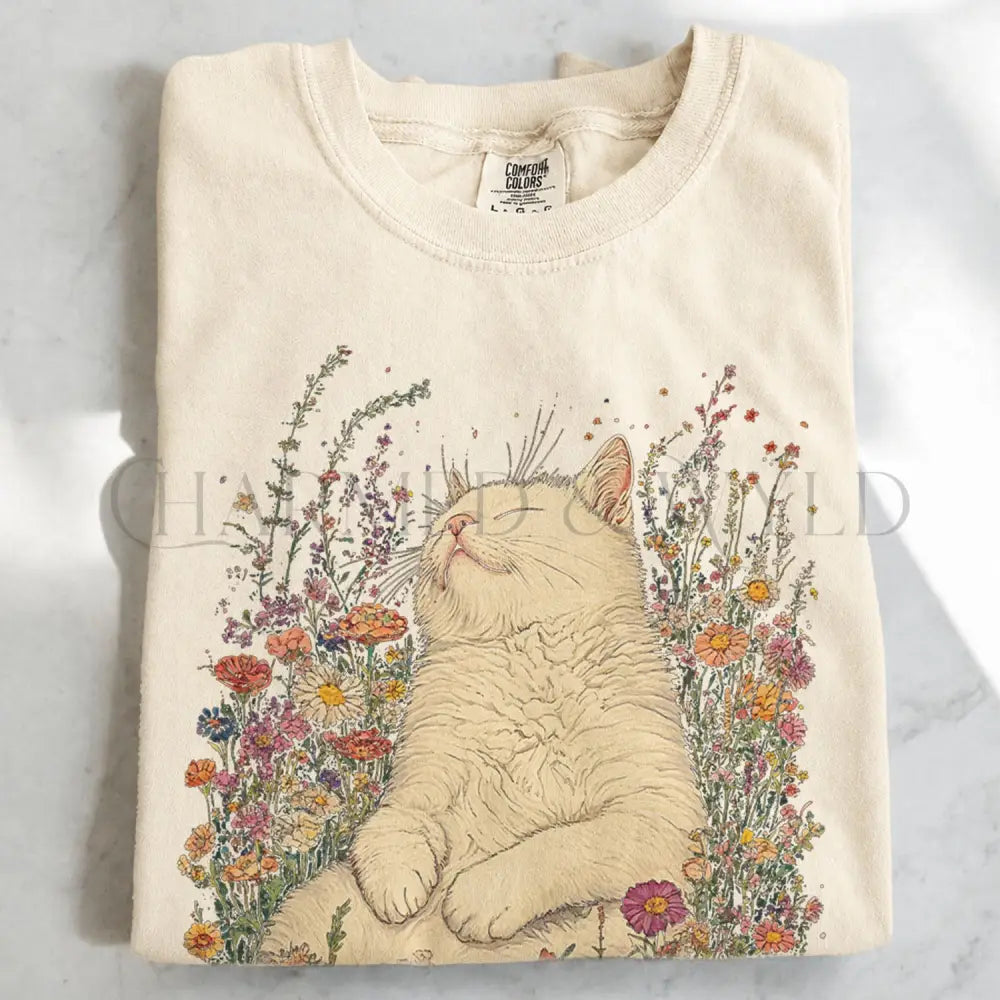 Sleeping Cat Flower T-shirt - Ivory / S - T-Shirt