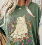 Sleeping Cat Flower T-shirt - Moss / S - T-Shirt