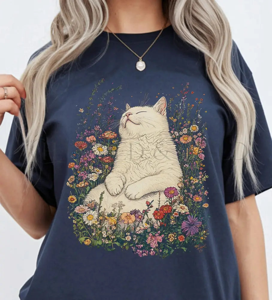 Sleeping Cat Flower T-shirt - Navy / S - T-Shirt