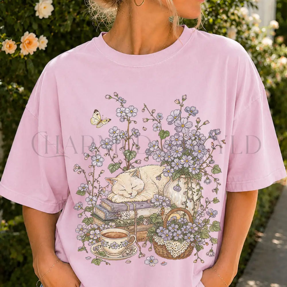 Sleeping Cat Purple Wildflower T-Shirt - T-Shirt