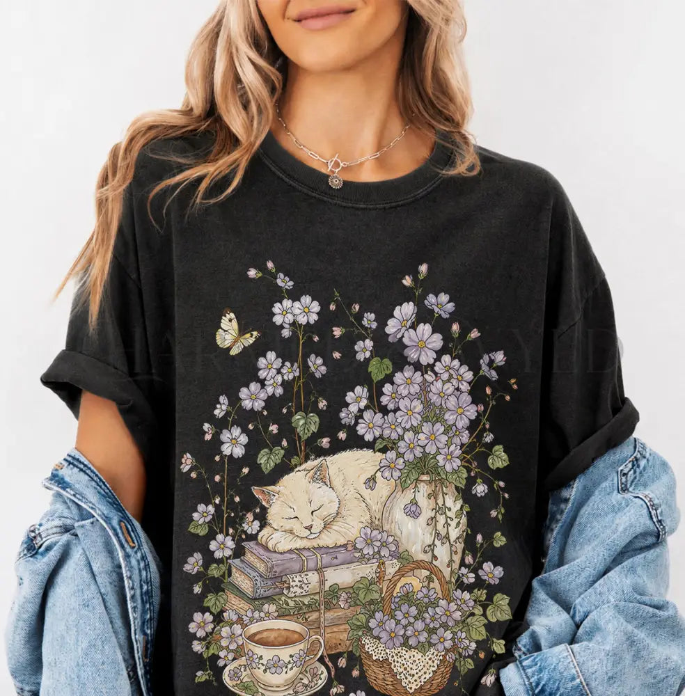 Sleeping Cat Purple Wildflower T-Shirt - Black / S - T-Shirt