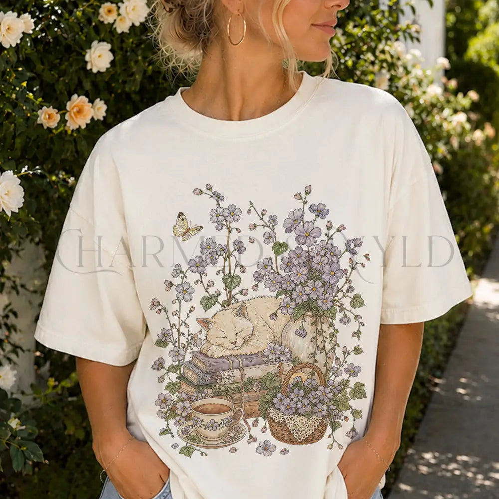 Sleeping Cat Purple Wildflower T-Shirt - Ivory / S - T-Shirt