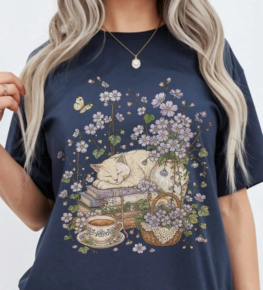 Sleeping Cat Purple Wildflower T-Shirt - Navy / S - T-Shirt