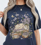 Sleeping Cat Purple Wildflower T-Shirt - Navy / S - T-Shirt