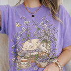 Sleeping Cat Purple Wildflower T-Shirt - Violet / S - T-Shirt