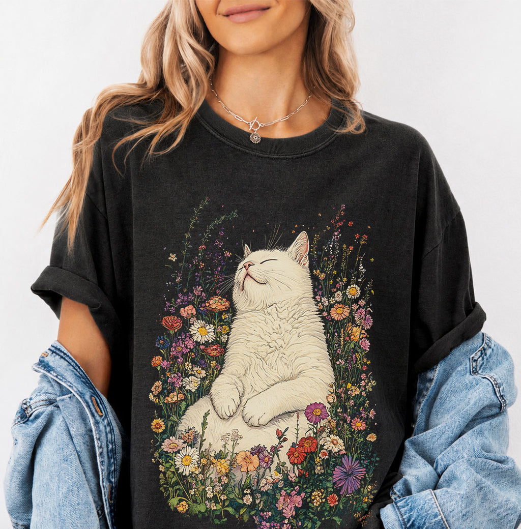 Sleeping Cat Flower T-shirt