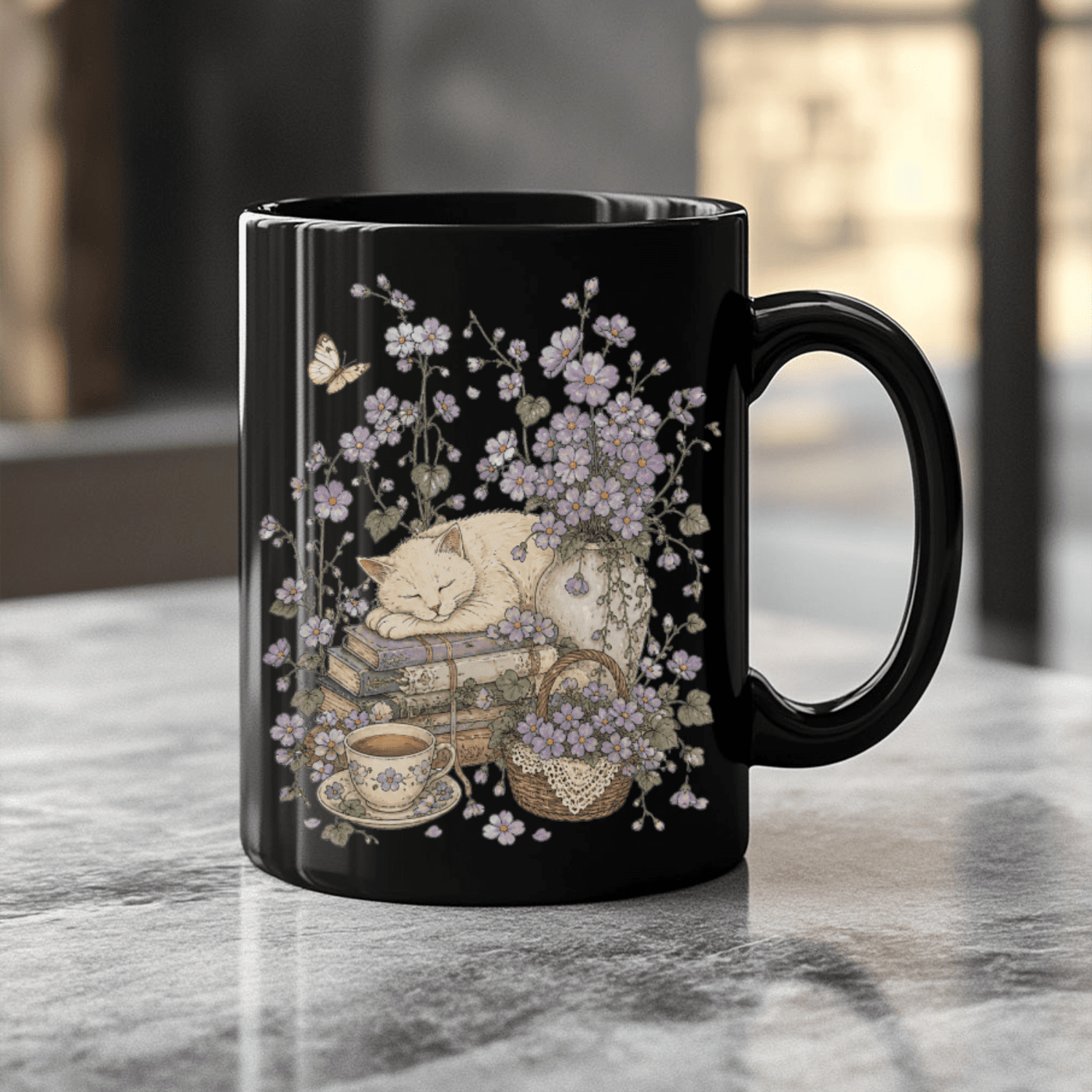 Sleeping Cat Purple Wildflower Black Ceramic Mug
