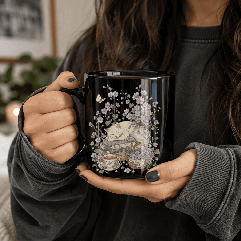 Sleeping Cat Purple Wildflower Black Ceramic Mug