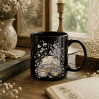 Sleeping Cat Purple Wildflower Black Ceramic Mug