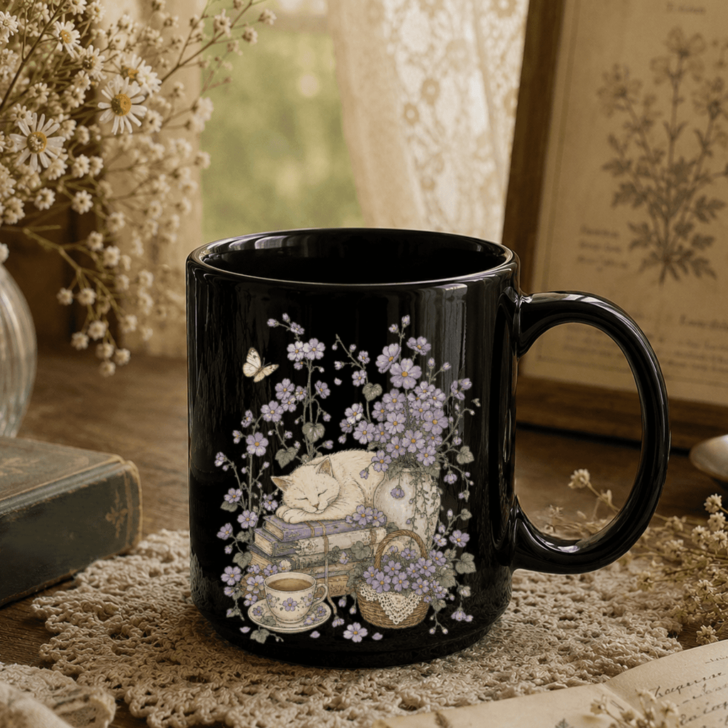Sleeping Cat Purple Wildflower Black Ceramic Mug