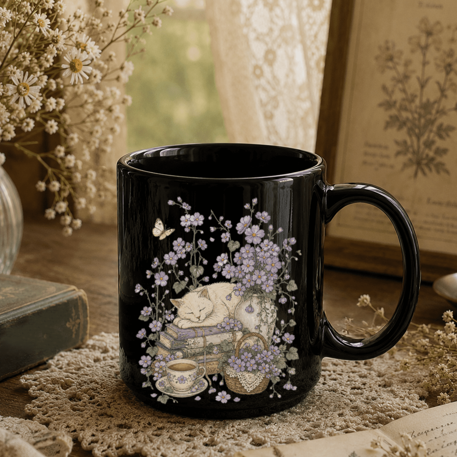 Sleeping Cat Purple Wildflower Black Ceramic Mug
