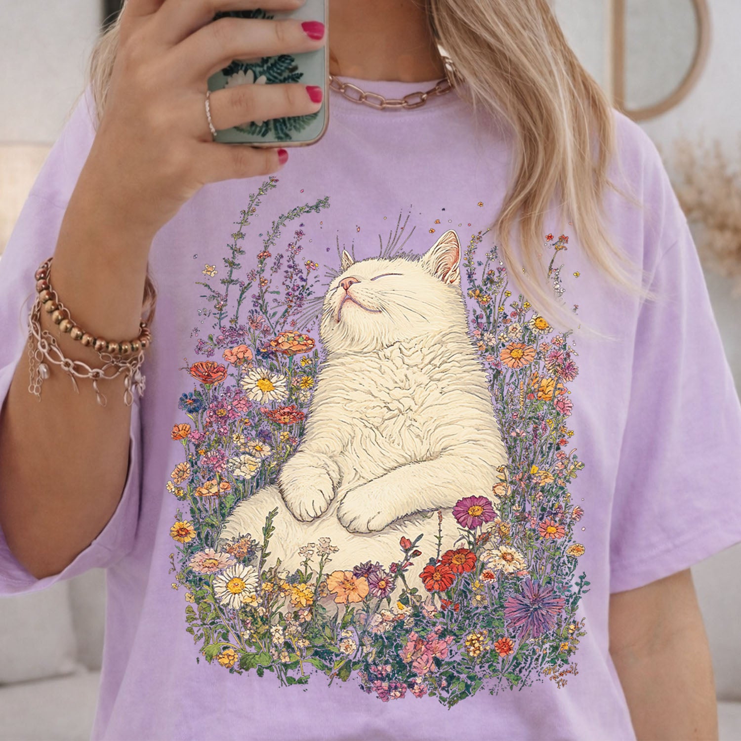 Sleeping Cat Flower T-shirt
