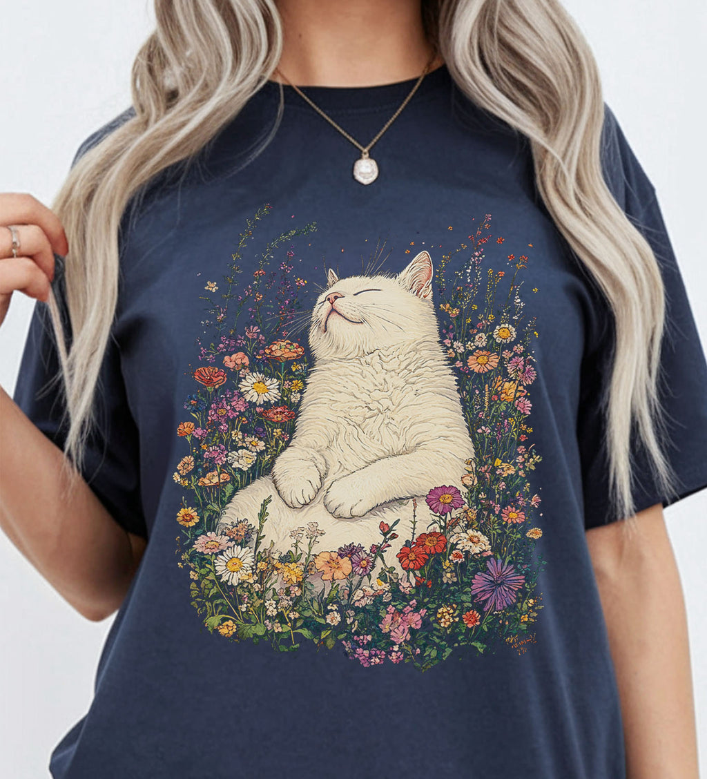 Sleeping Cat Flower T-shirt
