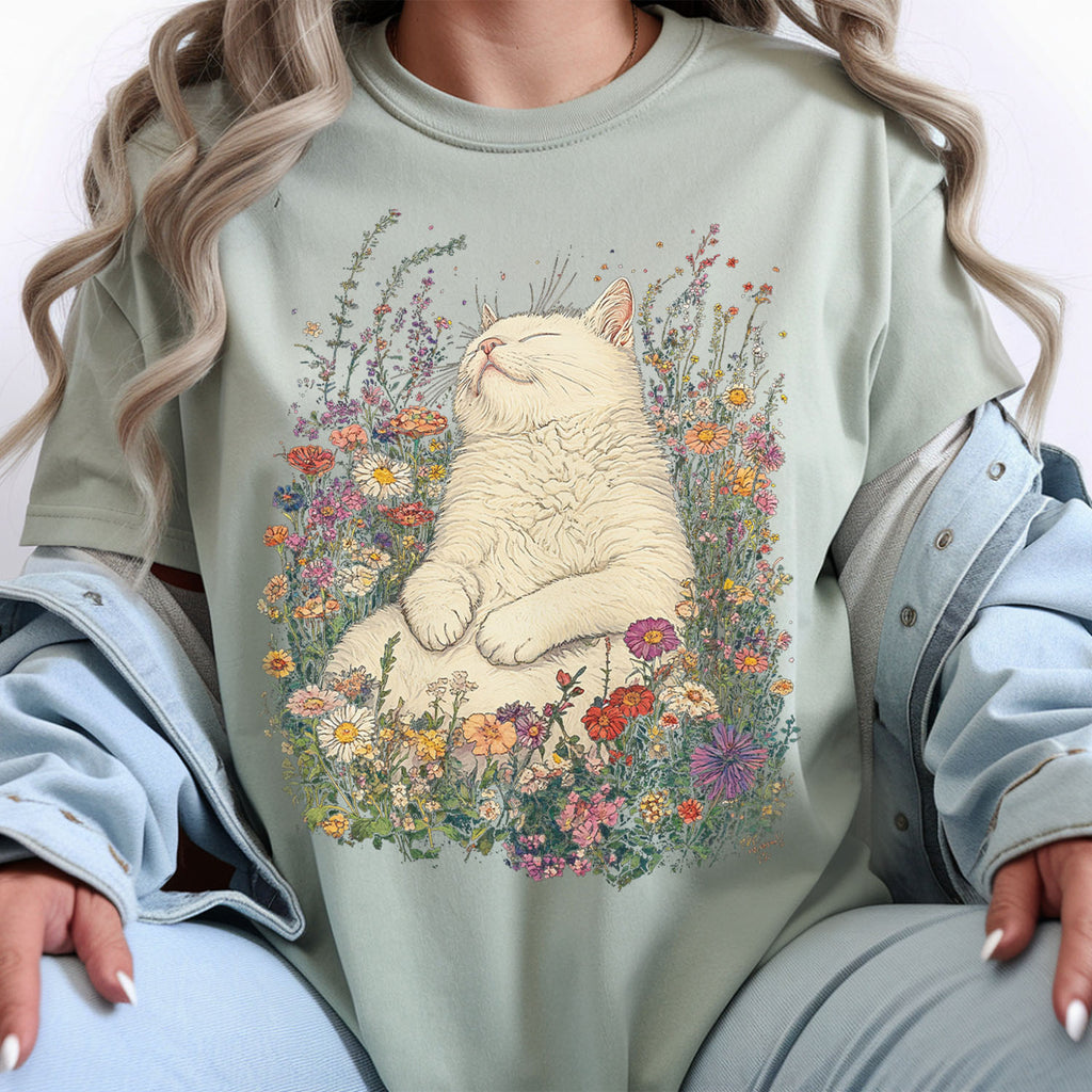 Sleeping Cat Flower T-shirt
