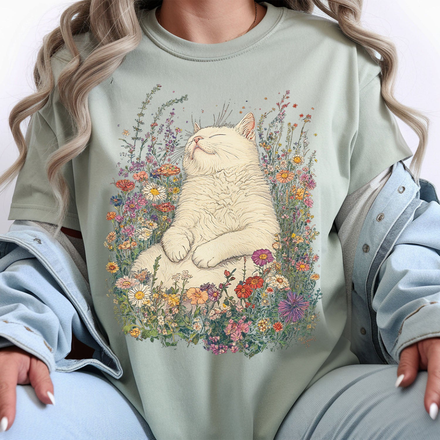 Sleeping Cat Flower T-shirt