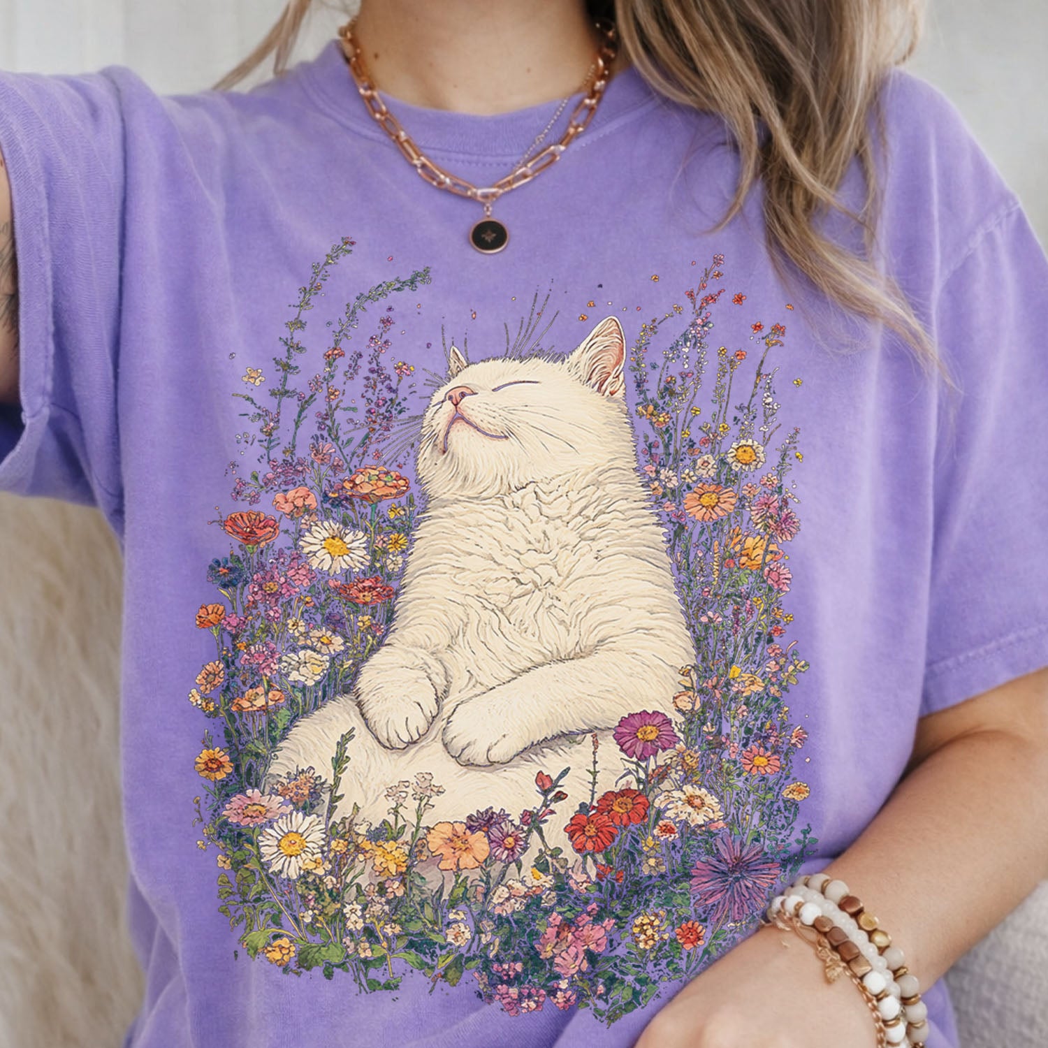 Sleeping Cat Flower T-shirt