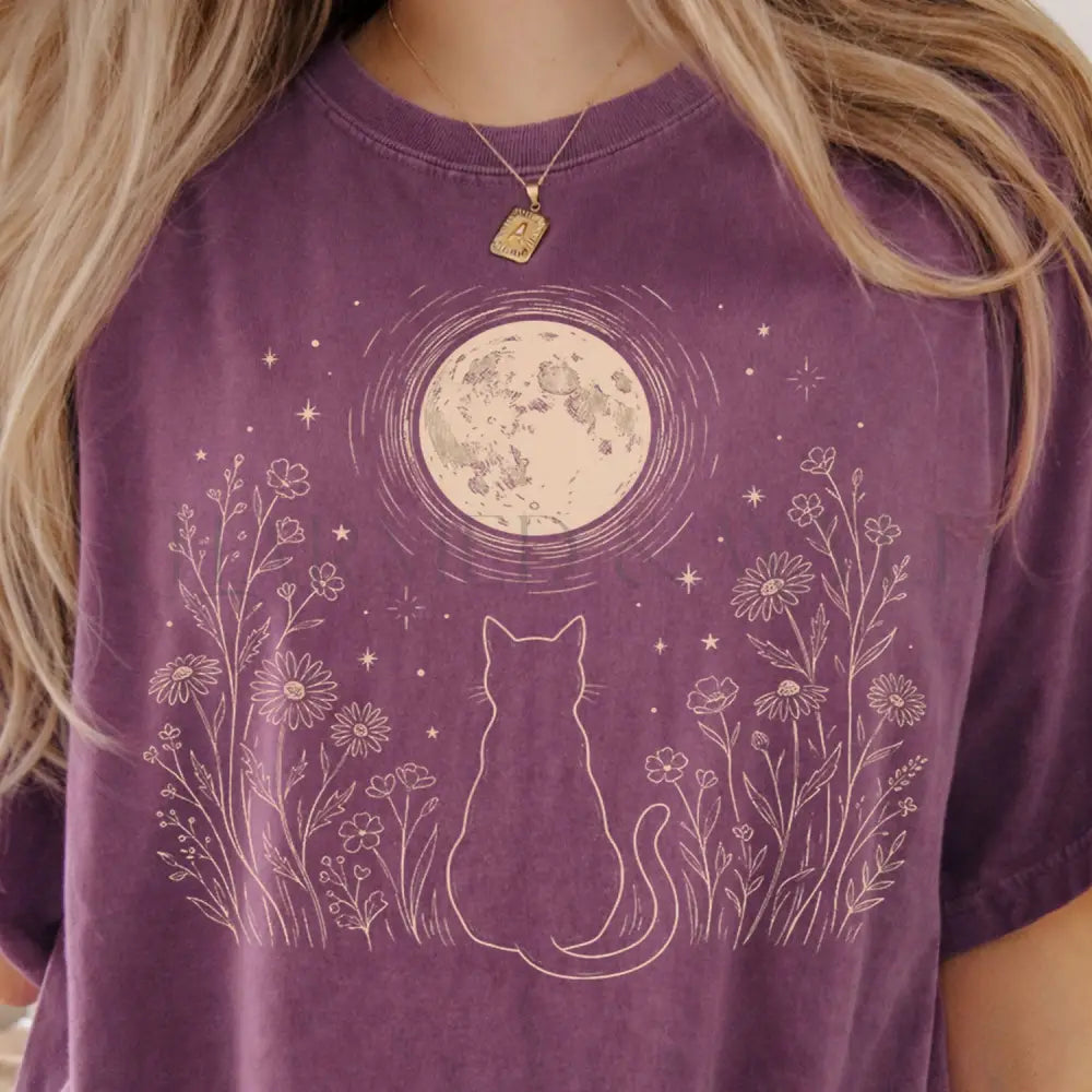 Stargazing Cat Moon T-Shirt - Berry / S - T-Shirt