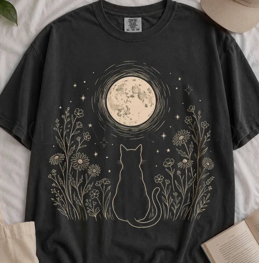 Stargazing Cat Moon T-Shirt - Black / S - T-Shirt