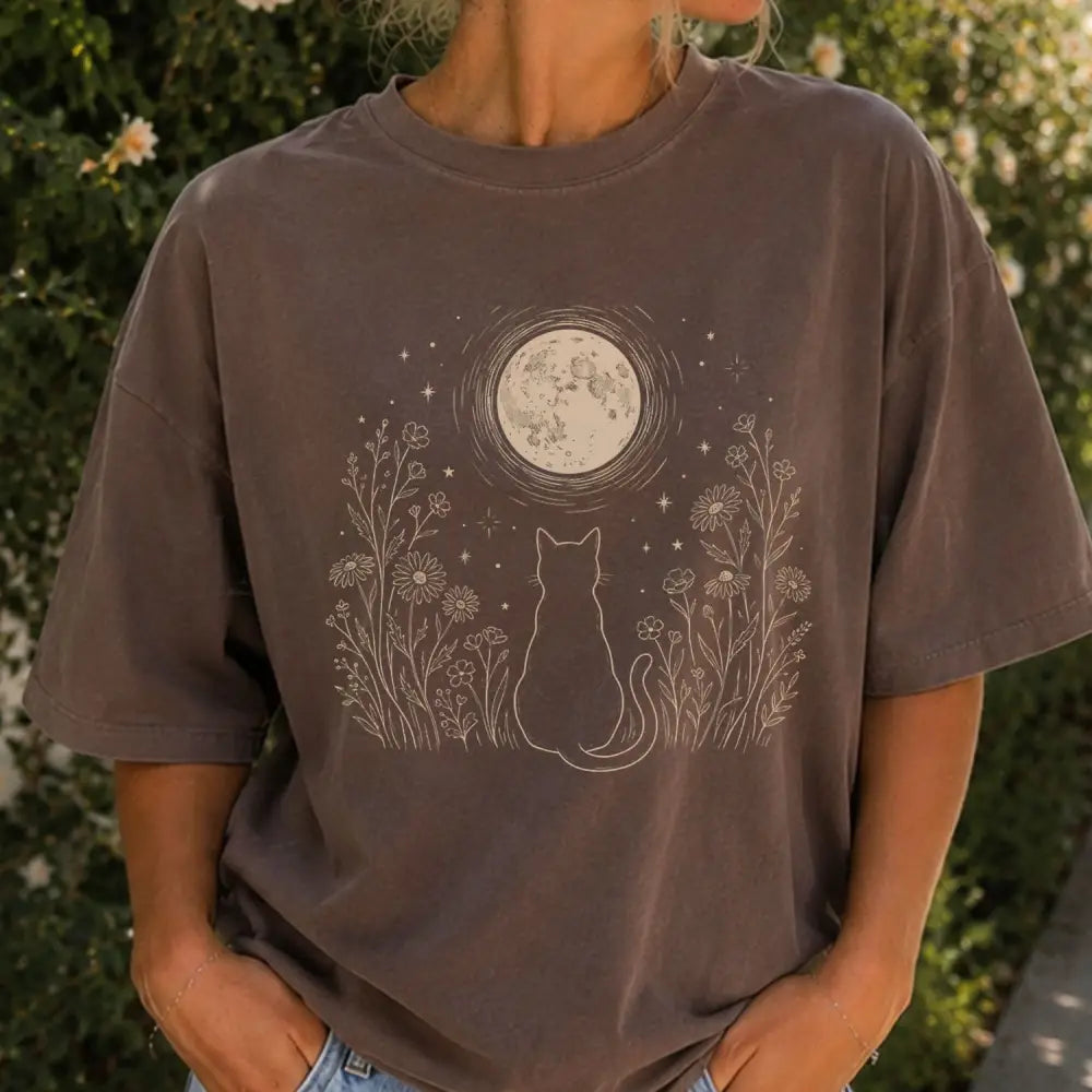 Stargazing Cat Moon T-Shirt - Espresso / S - T-Shirt