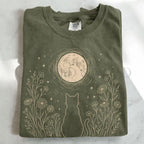 Stargazing Cat Moon T-Shirt - Moss / S - T-Shirt