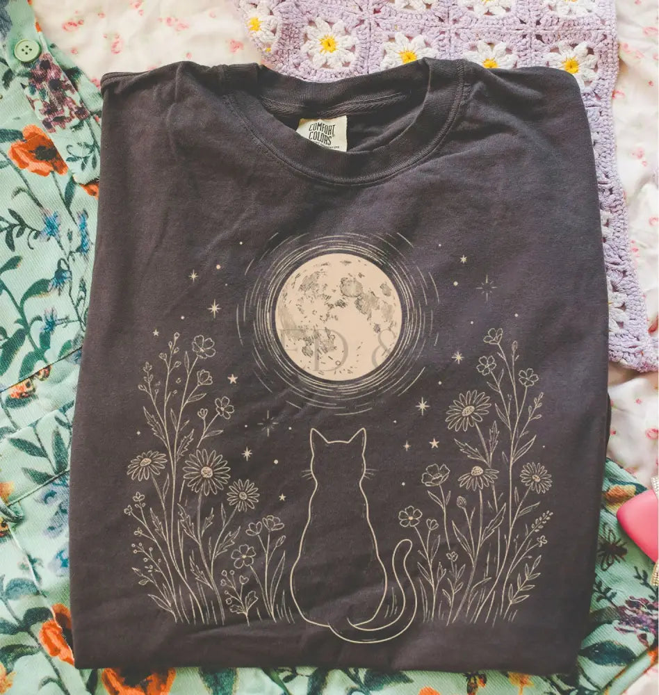 Stargazing Cat Moon T-Shirt - Pepper / S - T-Shirt