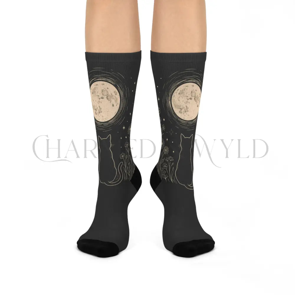 Stargazing Moon Cat Wildflower Socks - One size / 3/4 Crew - All Over Prints