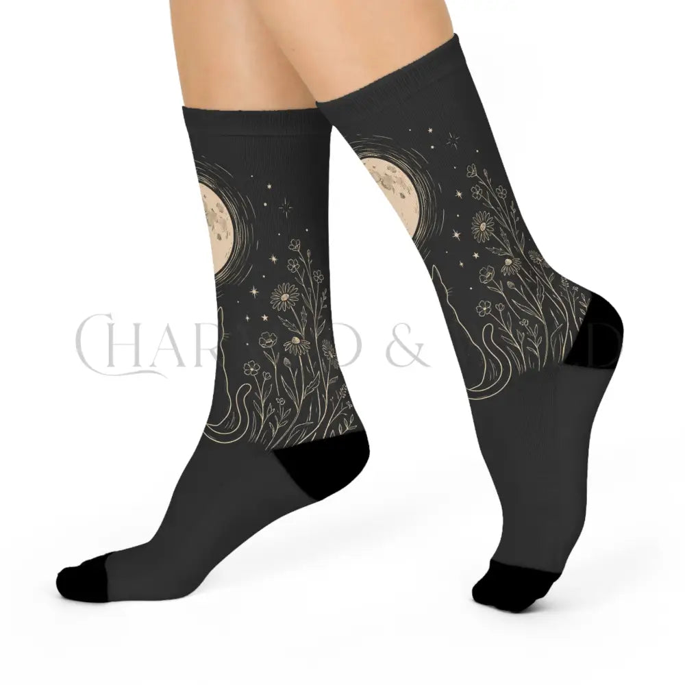 Stargazing Moon Cat Wildflower Socks - One size / 3/4 Crew - All Over Prints