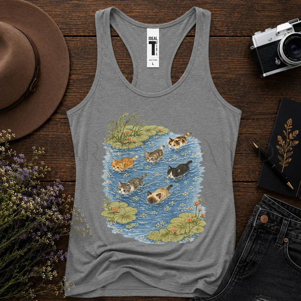 Swimming Cats in Pond Racerback Tank Top - Heather Grey / S - Tank Top
