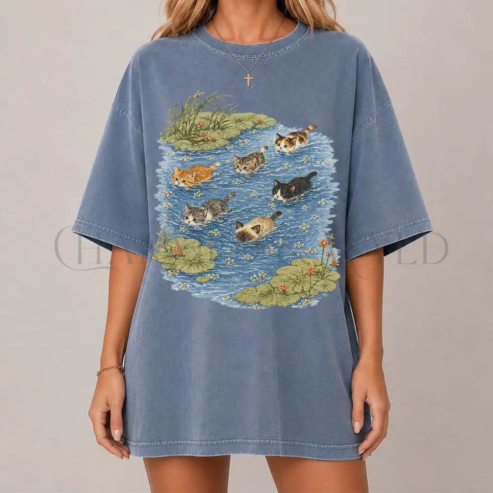 Swimming Cats in Pond T-Shirt - Blue Jean / S - T-Shirt