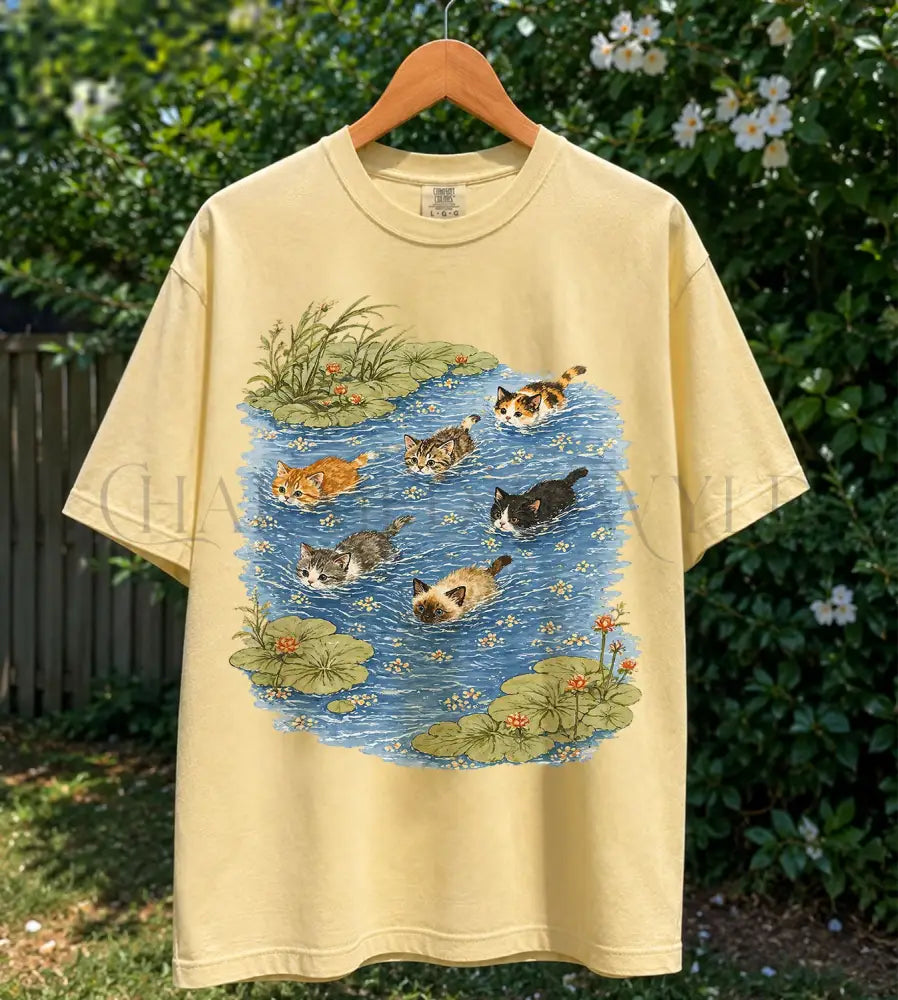 Swimming Cats in Pond T-Shirt - Butter / S - T-Shirt