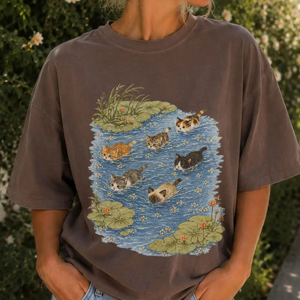 Swimming Cats in Pond T-Shirt - Espresso / S - T-Shirt