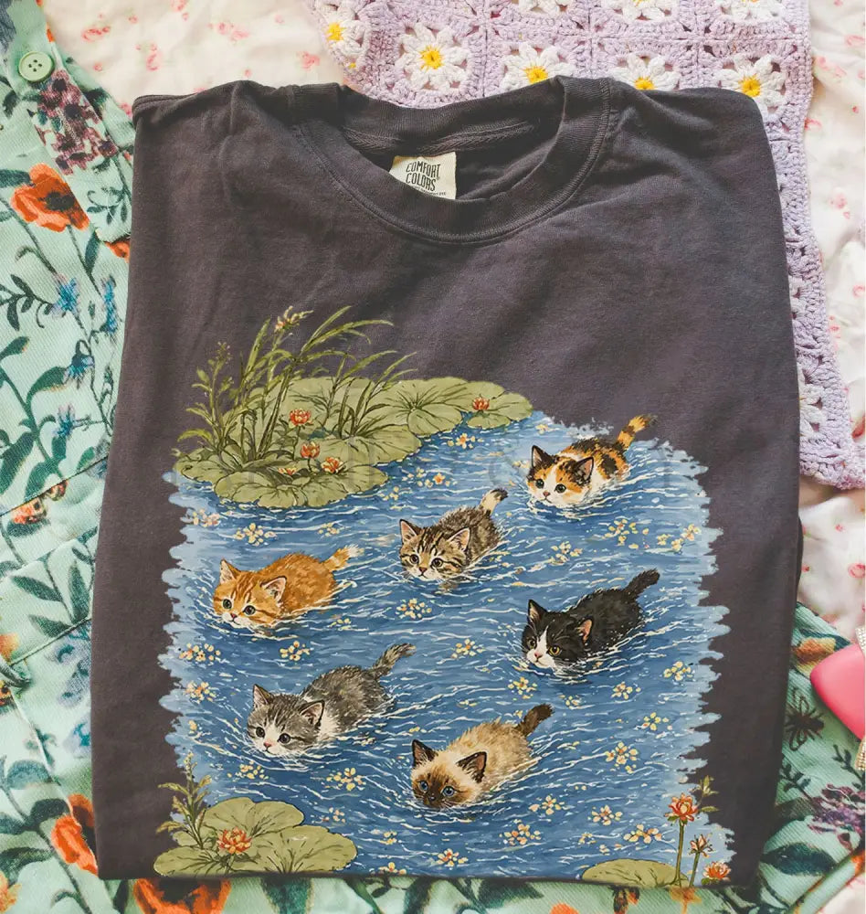 Swimming Cats in Pond T-Shirt - Pepper / S - T-Shirt