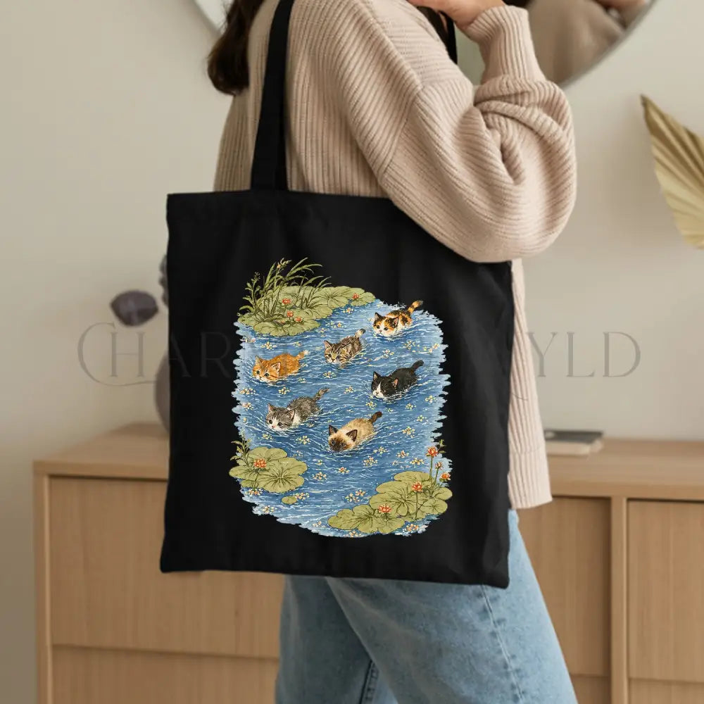 Swimming Cats in Pond Tote Bag - Black / 15’’ x 16’’ - Bags