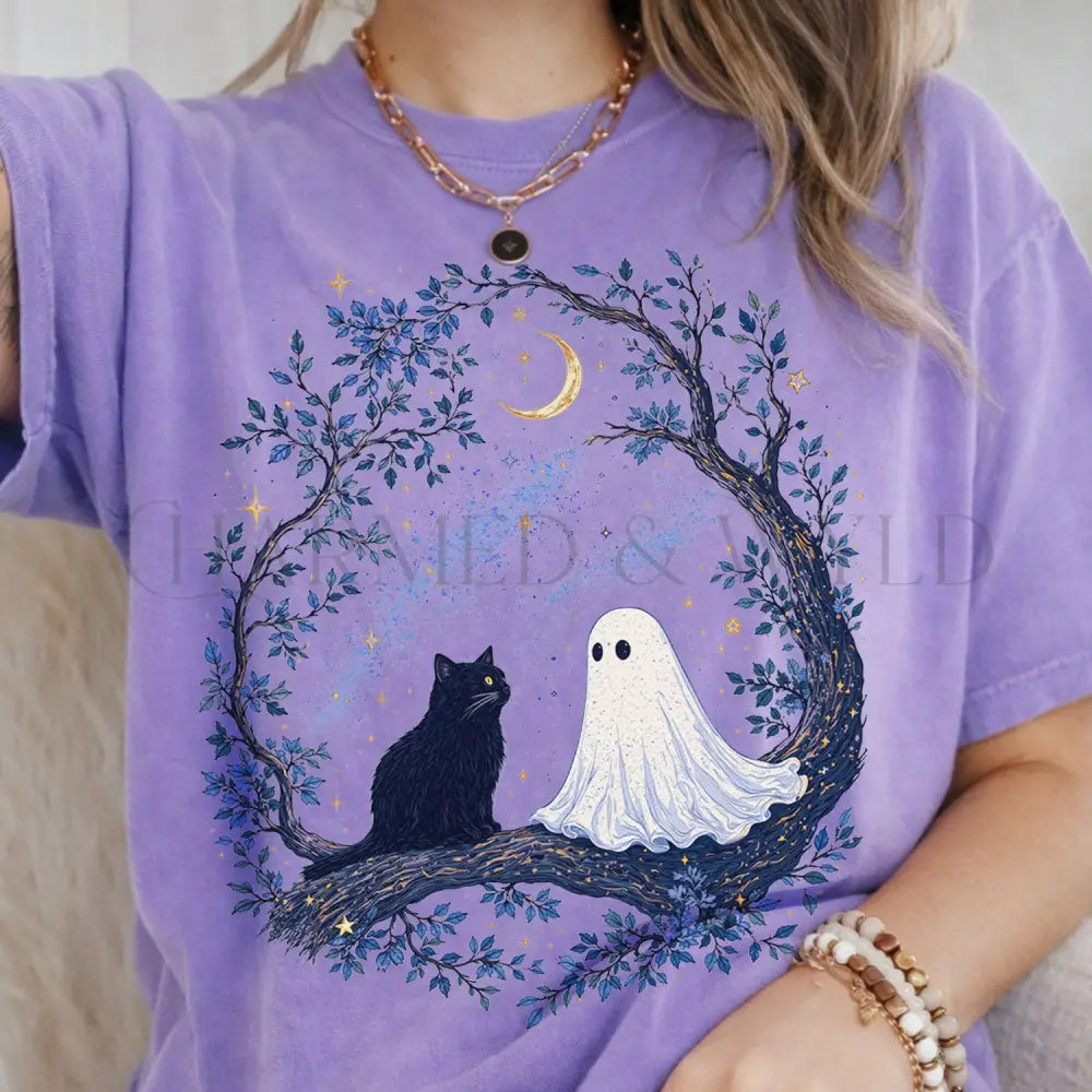 The Cat and The Ghost T-Shirt - Violet / S - T-Shirt