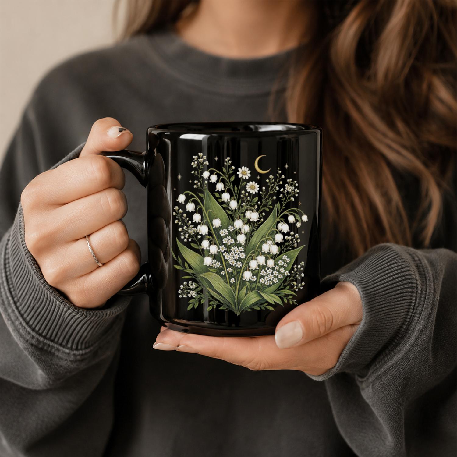 Lily of the Valley Wildflower Black Ceramic Mug
