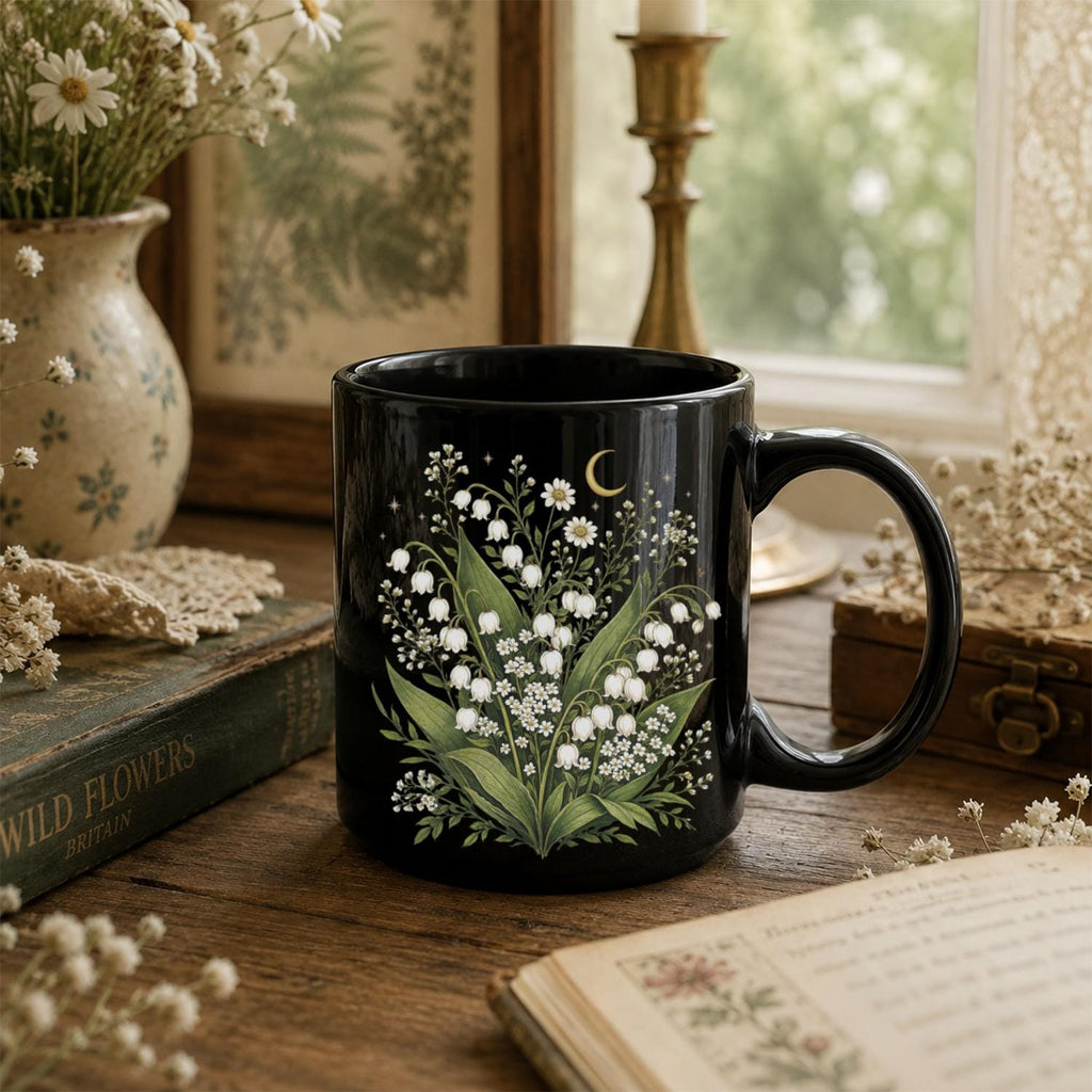 Lily of the Valley Wildflower Black Ceramic Mug
