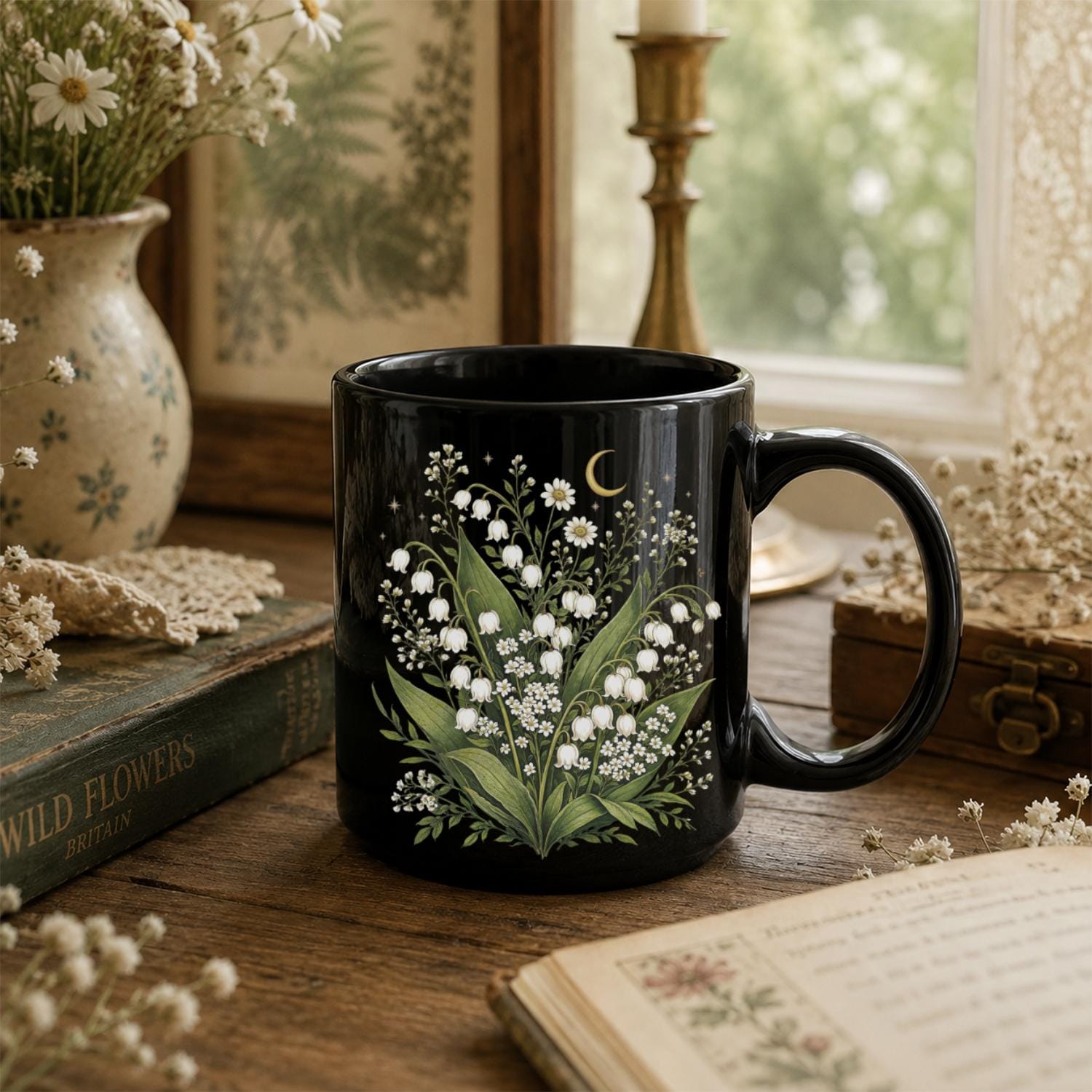 Lily of the Valley Wildflower Black Ceramic Mug