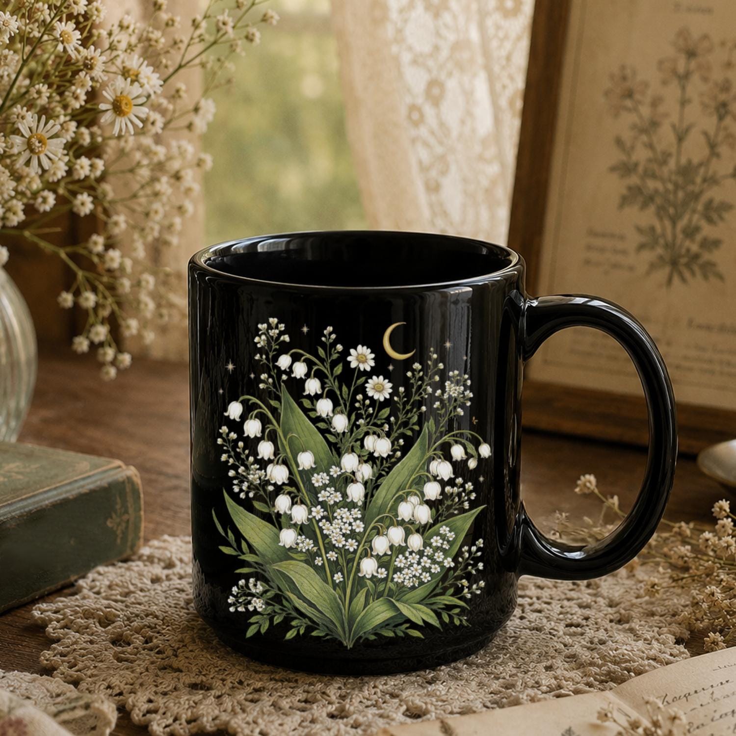 Lily of the Valley Wildflower Black Ceramic Mug