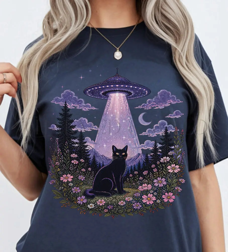 UFO Alien Abduction Cat T Shirt - Navy / S - T-Shirt