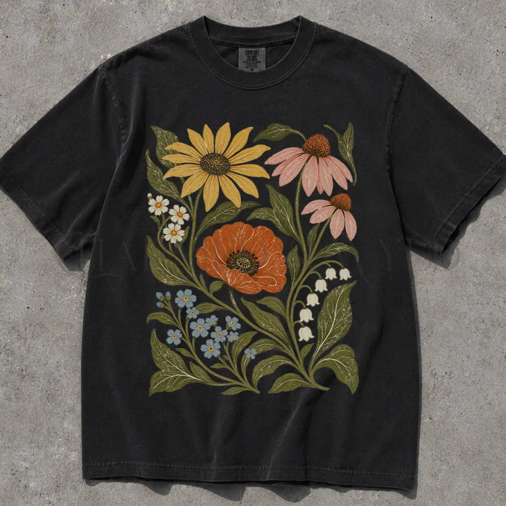 Vintage Botanical Floral Comfort Colors T-Shirt - Black / S - T-Shirt