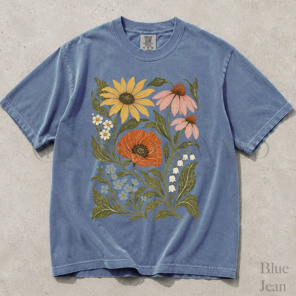 Vintage Botanical Floral Comfort Colors T-Shirt - Blue Jean / S - T-Shirt