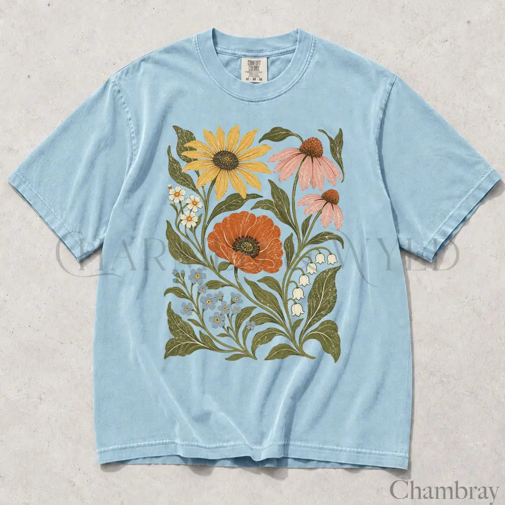 Vintage Botanical Floral Comfort Colors T-Shirt - Chambray / S - T-Shirt