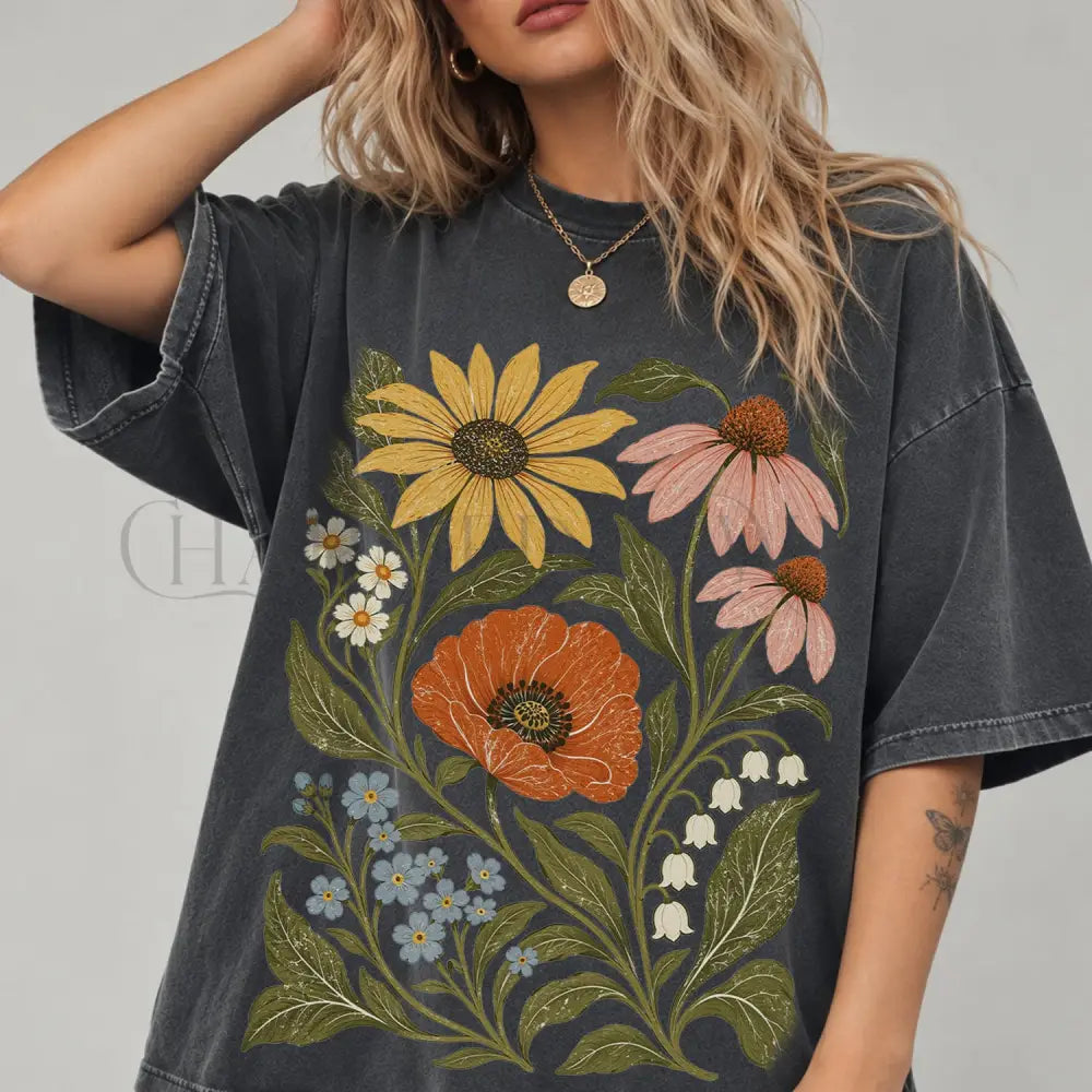 Vintage Botanical Floral Comfort Colors T-Shirt - Graphite / S - T-Shirt
