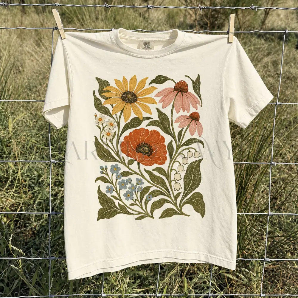 Vintage Botanical Floral Comfort Colors T-Shirt - Ivory / S - T-Shirt