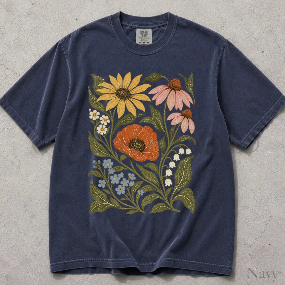 Vintage Botanical Floral Comfort Colors T-Shirt - Navy / S - T-Shirt
