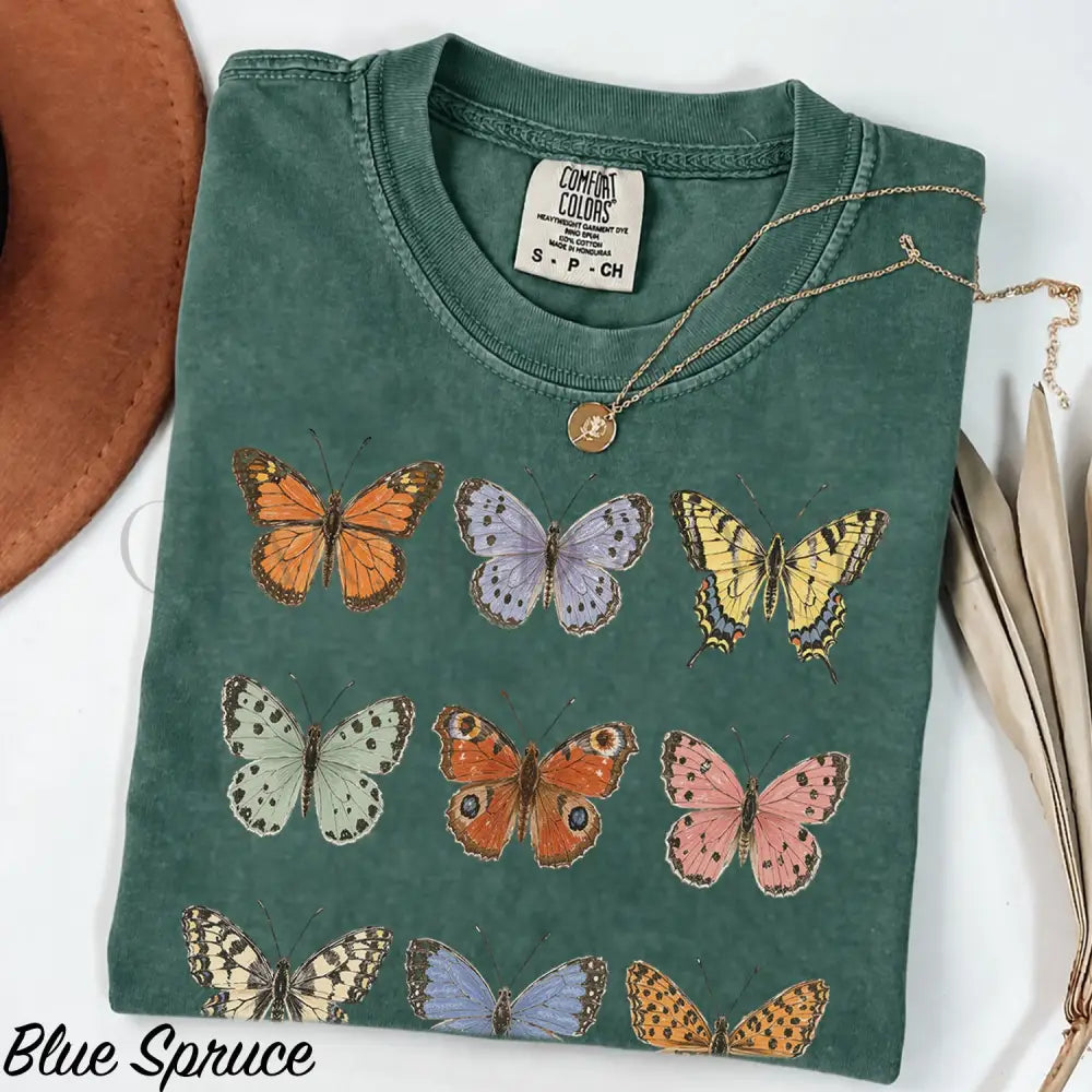 Vintage Butterfly Comfort Colors Shirt - Blue Spruce / S - T-Shirt