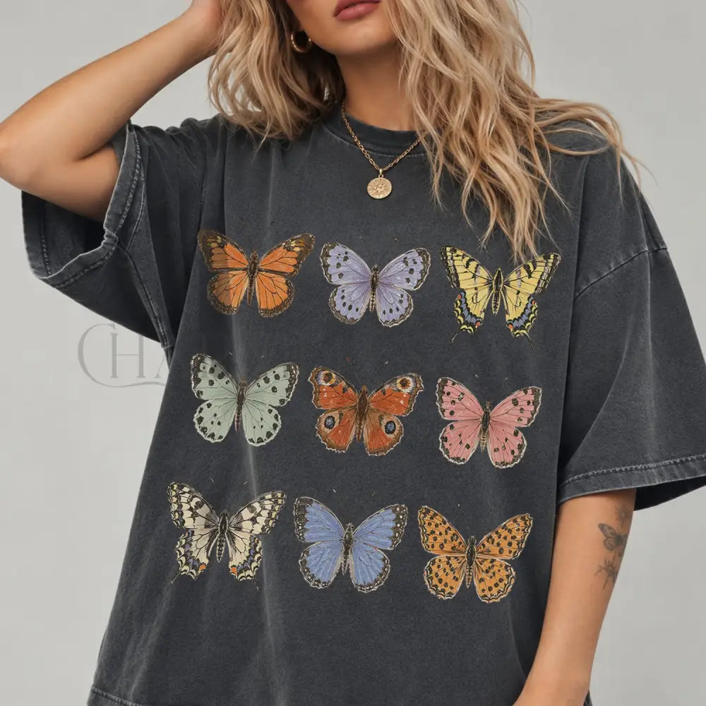 Vintage Butterfly Comfort Colors Shirt - Pepper / S - T-Shirt